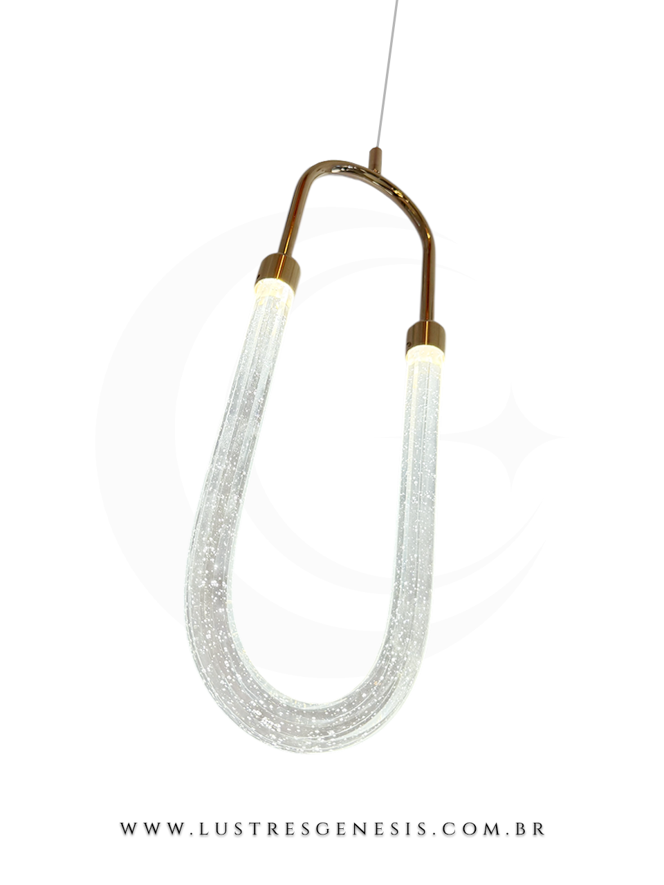 Luminária pendente tubular em acrílico cintilante, com acabamento em metal cobreado, ideal para bancadas e ilhas.